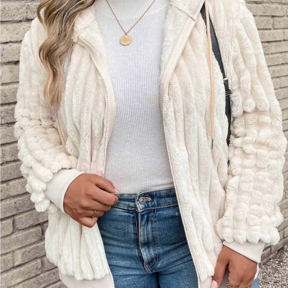 SHEIN Cream Plush Zip Hoodie Jacket